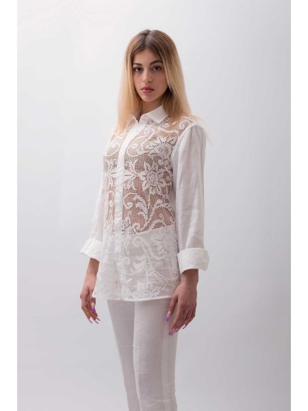 Camicia sartoriale puro lino made in Italy con filet fatto a mano Trinitapoli