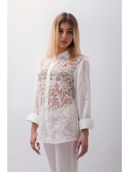 Camicia sartoriale puro lino made in Italy con filet fatto a mano Trinitapoli