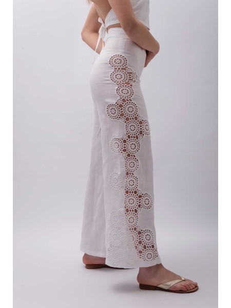 Pantalone sartoriale puro lino con dettagli ad uncinetto Castrignano