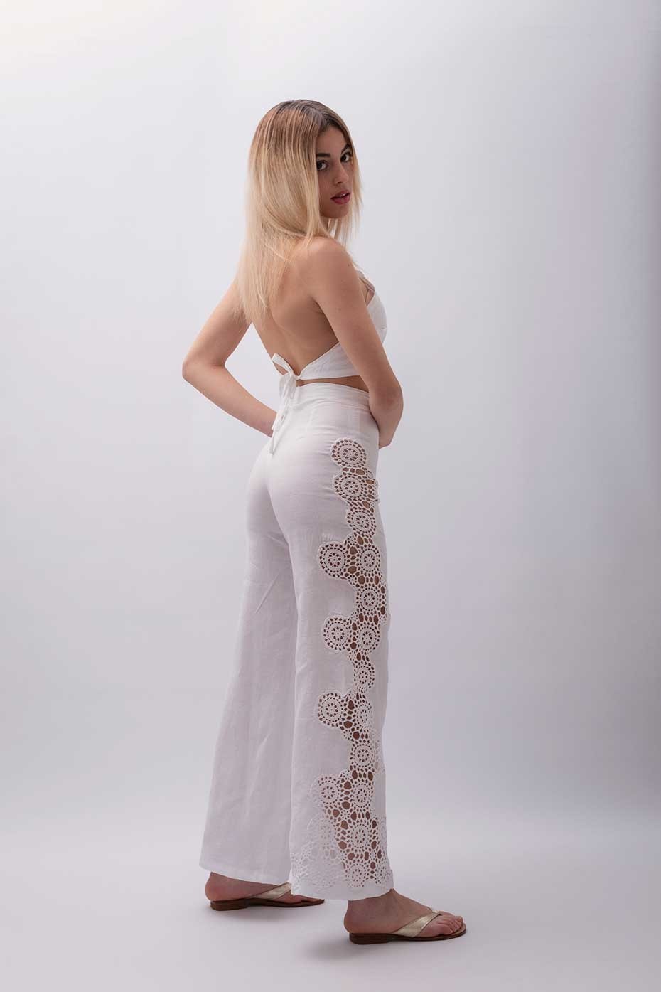 Pantalone sartoriale puro lino con dettagli ad...