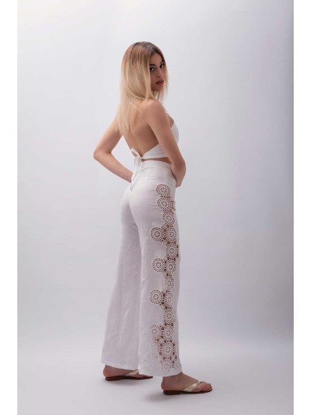 Pantalone sartoriale puro lino con dettagli ad uncinetto Castrignano