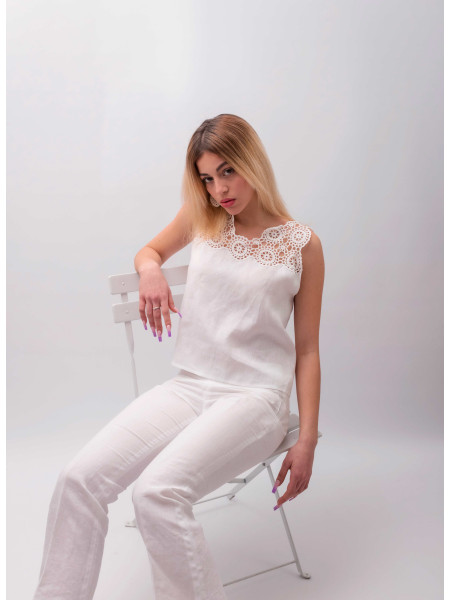 Top sartoriale in puro lino ed uncinetto Botrugno